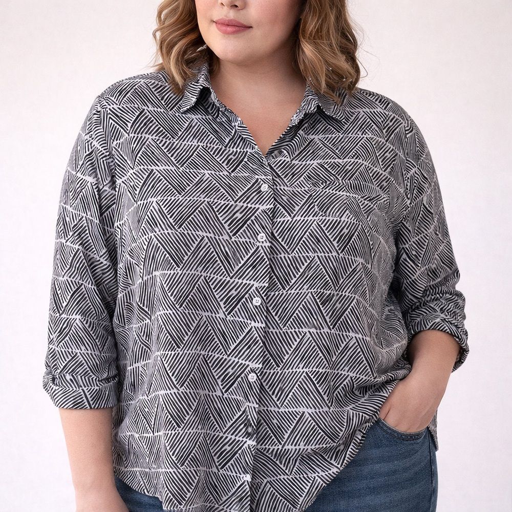 Foxcroft Black and White Chevron Button Down Shirt